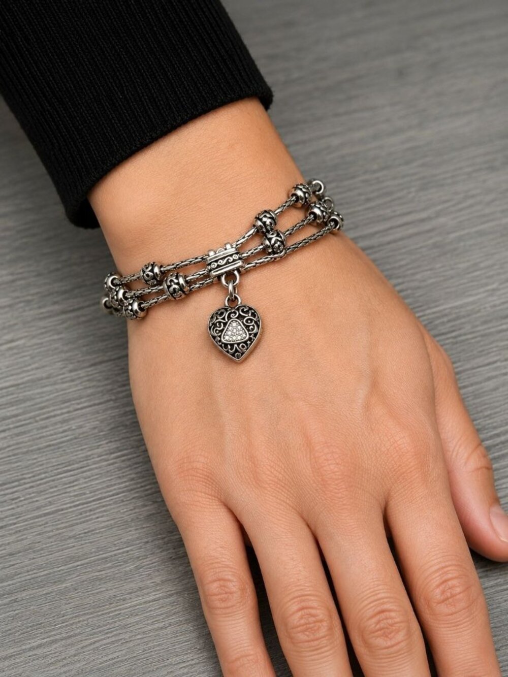Brighton Reno Heart Silver Crystal Charm Bracelet Triple Strand 7 1/2"